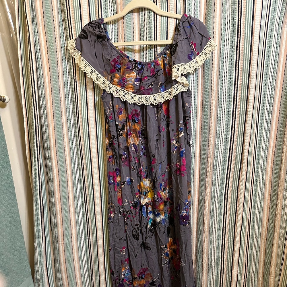 Gray blue with flowers and lace. Off the shoulder.